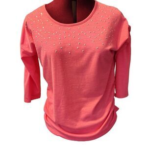 Breckenridge Gathered Sides Stretch Knit 3/4 Sleeve Gem Enhanced  Front Size PM